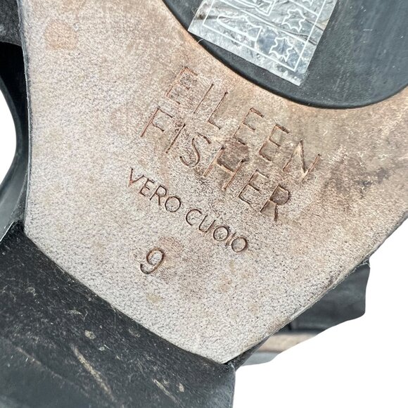 Eileen Fisher Iris Black Tumbled Nubuck Leather Stacked Heeled Sandal Size 9 - Picture 9 of 11